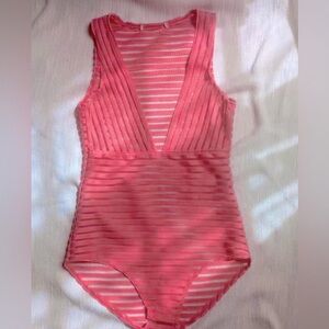 Bodysuit - Sleeveless, Shadow Stripe, Deep-V, Coral Bodysuit Snap Bottom - M/L